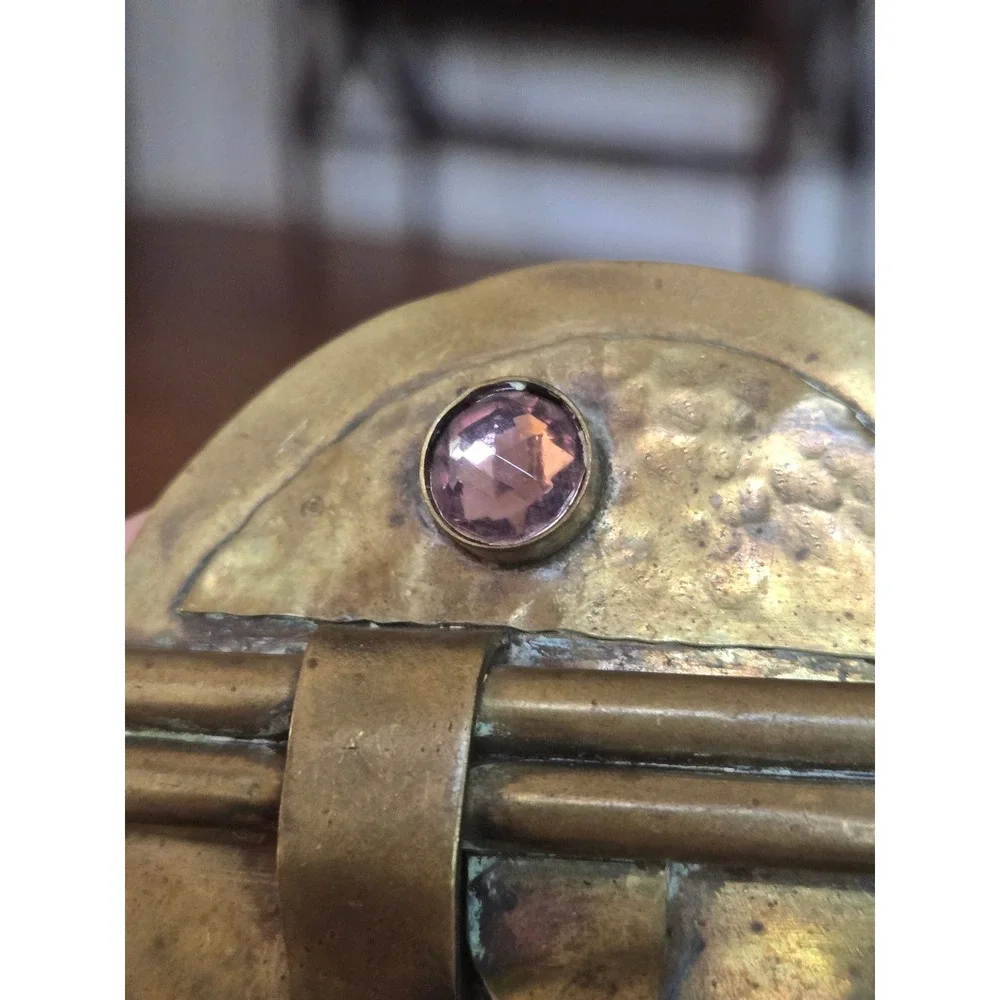 Artisan Brutalist Brass Brooch Amethyst Black Pearl Art Deco or Nouveau Vintage
